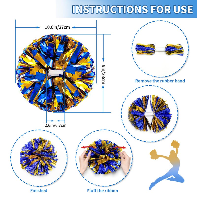 CREATIEE-PRO 4Pcs Metallic Cheerleading Pom Poms, Creatiee 2 Pair Cheerleader Cheering Squad Pompoms for School Sports Dance Games Team Spirit Cheer (Blue-Gold) - Image 3
